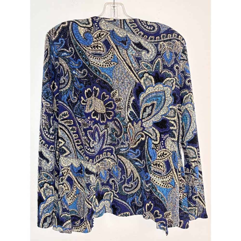 TanJay Blue Paisley Open Front Cardigan Metallic Gold Knit Sweater Womens Medium